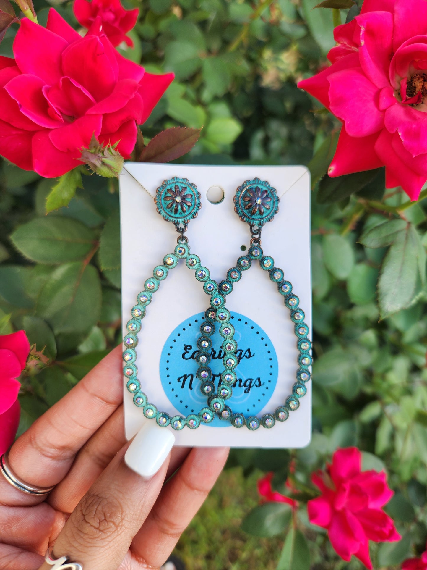 Rhinestone Teardrop Earrings (Turquoise)