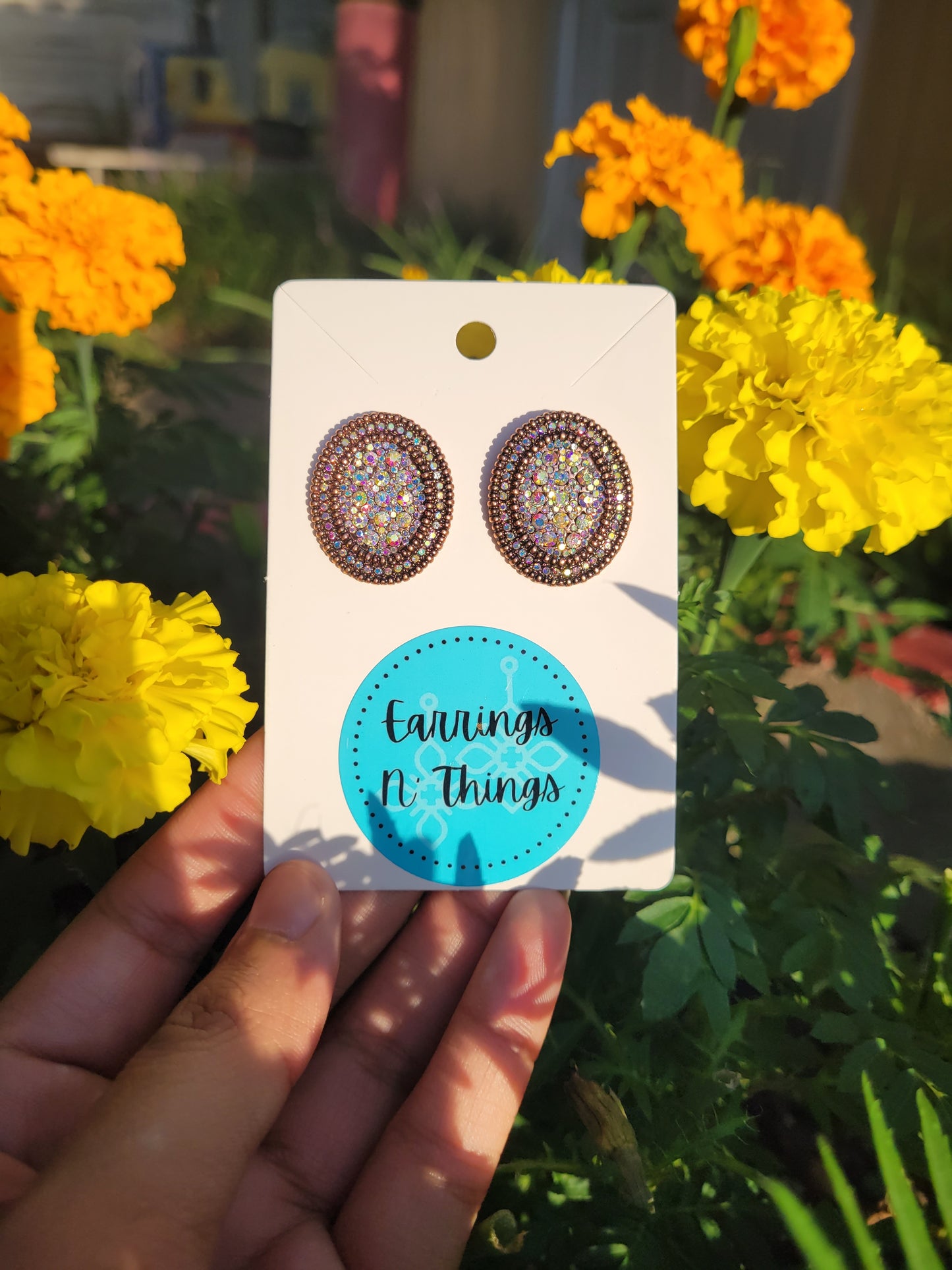 Rhinestone Oval Stud Earrings (Copper)