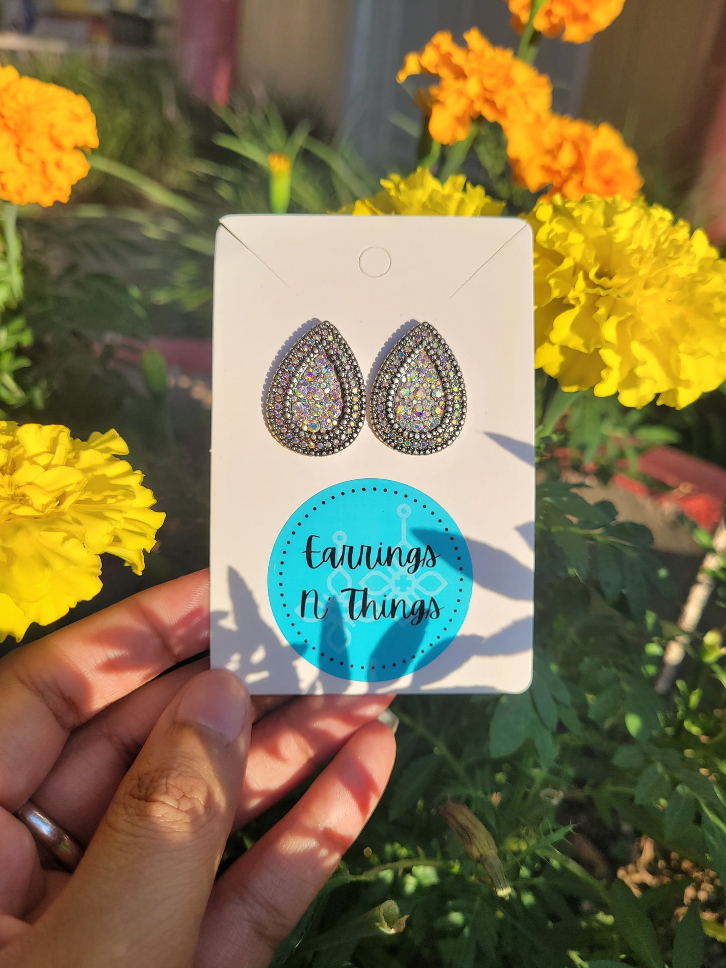 Rhinestone Teardrop Stud Earrings (Silver)