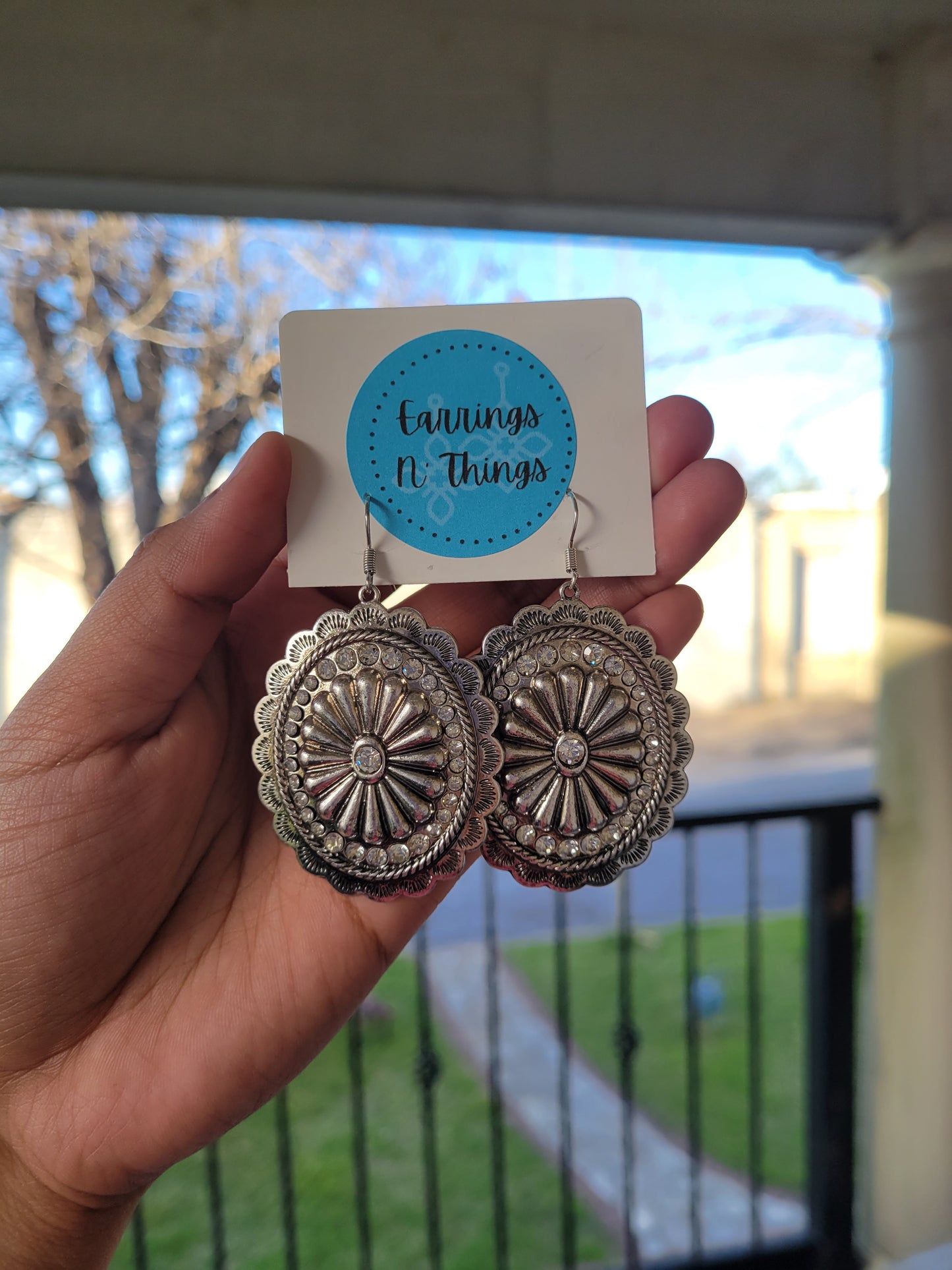 Concho Rhinestone Earrings (Silver)