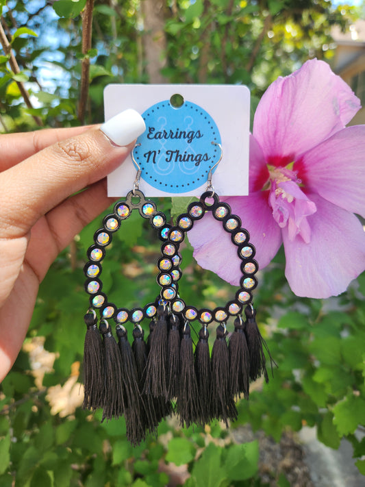 Rhinestone Tassel Teardrop Earrings (Black)