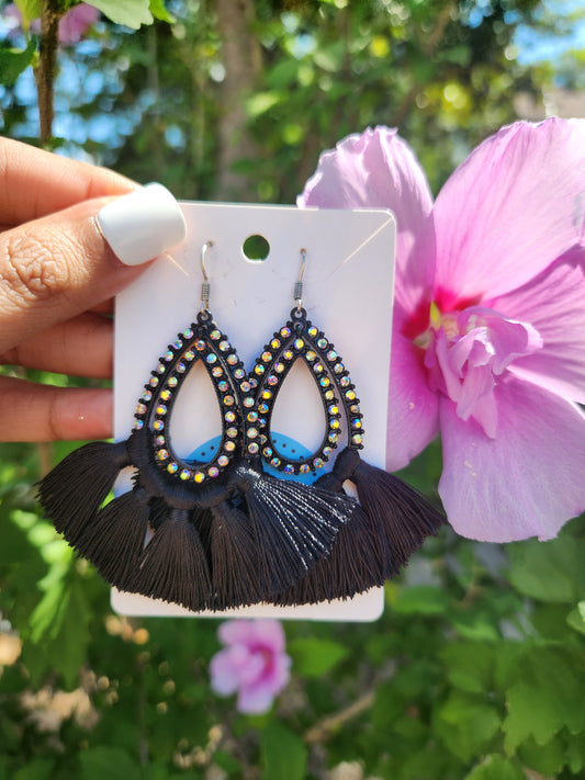 Rhinestone Double Teardrop Tassel Earrings (Black)