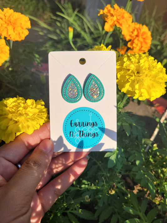 Rhinestone Teardrop Stud Earrings (Turquoise)