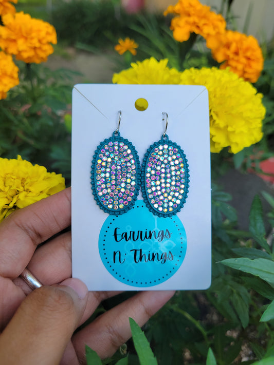 Oval Rhinestone Earrings (Aqua)