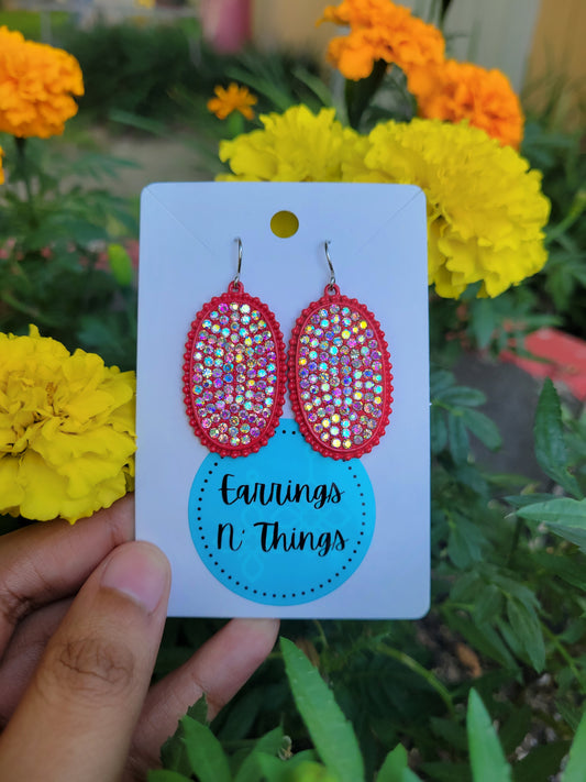 Oval Rhinestone Earrings (Red)