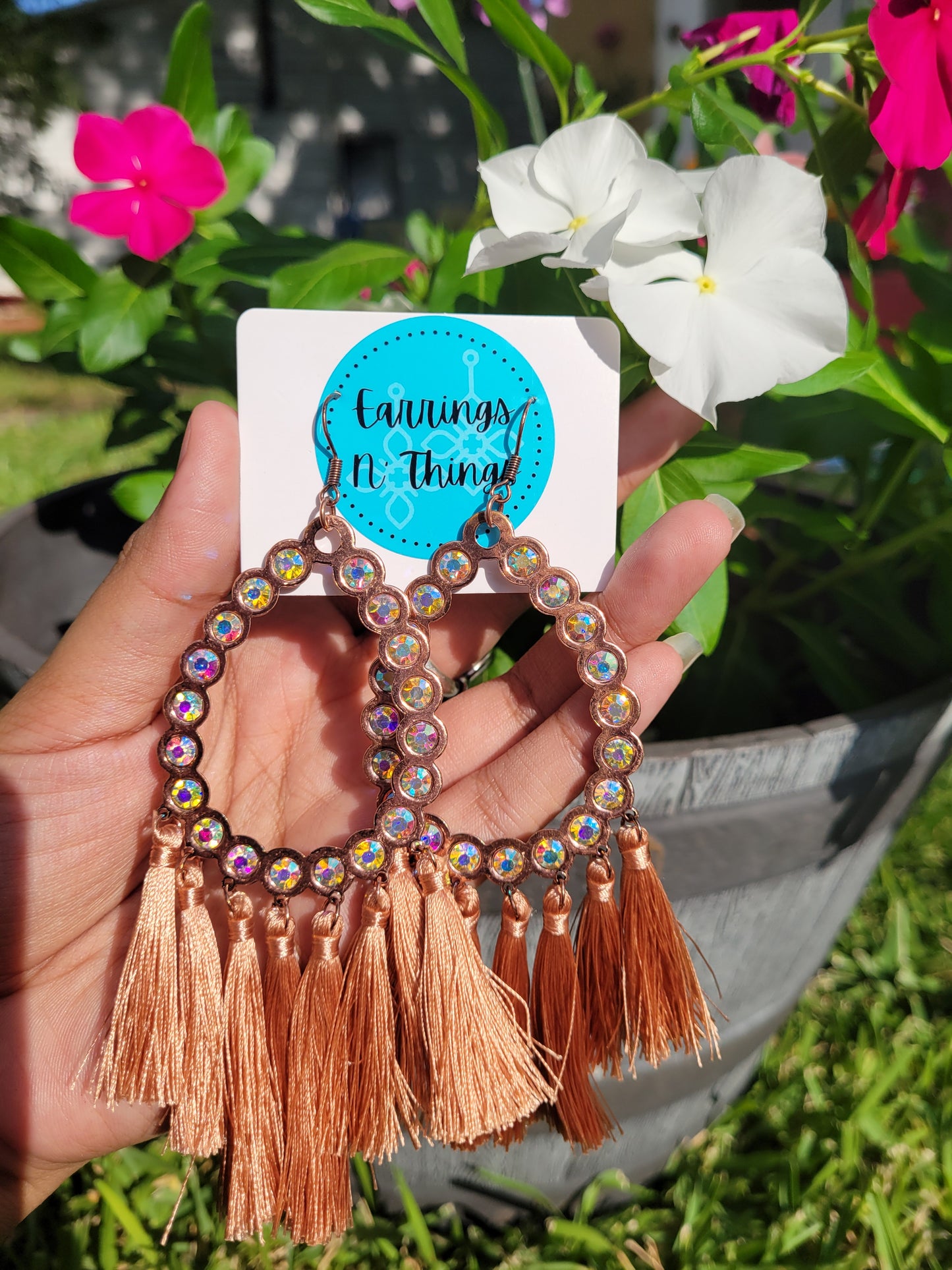 Rhinestone Tassel Open Teardrop Earrings (Rose Gold)